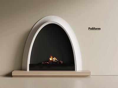 Modern White Arched Fireplace Design With Burning Fire And Wooden Base 3d model