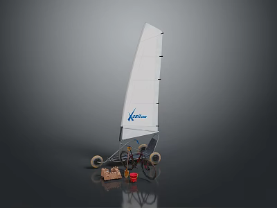 Viking Model Sailboat Featuring White Sail Wheels Brown Blocks And Red Container 3d model