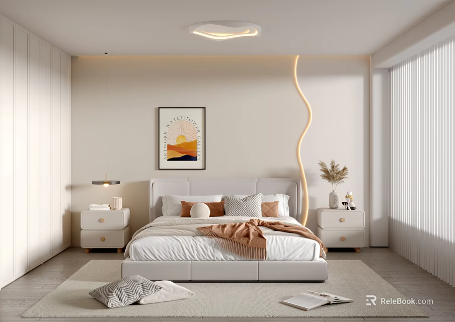 Modern Bedroom Interior Design With Bed Nightstands Wall Art Ceiling Light And Rug 3d model 