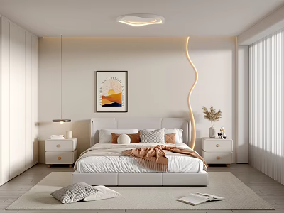 Modern Bedroom Interior Design With Bed Nightstands Wall Art Ceiling Light And Rug 3d model