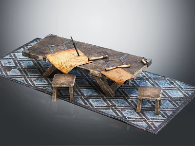 Wooden Table and Stools Set on Geometric Pattern Rug With Tools and Cloth 3d model