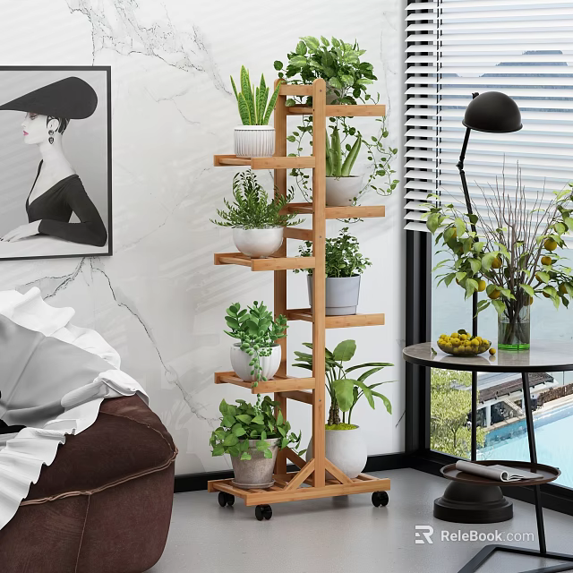 Multi Tiered Wooden Plant Stand With Green Potted Plants For Indoor Garden Home Decor 3d model 
