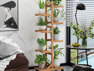 Multi Tiered Wooden Plant Stand With Green Potted Plants For Indoor Garden Home Decor 3d model