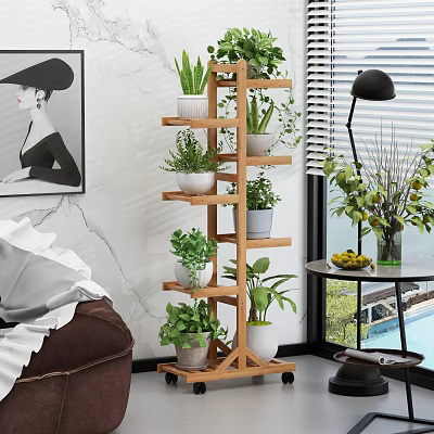 Multi Tiered Wooden Plant Stand With Green Potted Plants For Indoor Garden Home Decor 3d model