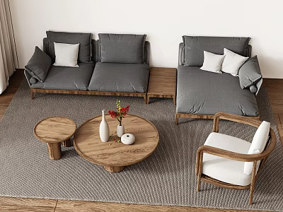 Modern Grey Sofa And Coffee Table Set With Wooden Round Table Side Chair White Cushion 3d model
