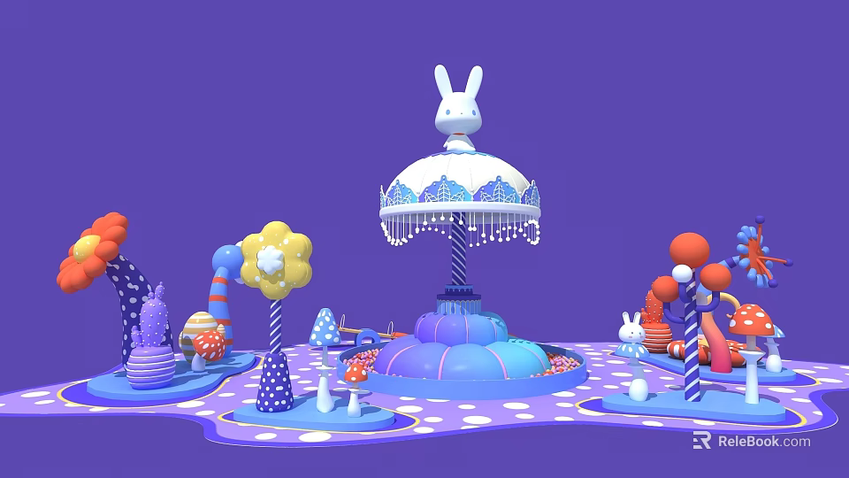 Colorful Rabbit Themed Photo Spot With Purple Background Umbrella Structure Mushrooms And Balloons 3d model 