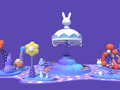 Colorful Rabbit Themed Photo Spot With Purple Background Umbrella Structure Mushrooms And Balloons 3d model