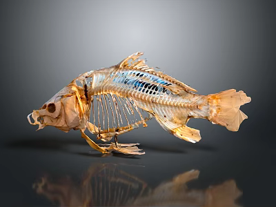 Fish Skeleton With Detailed Bone Structure Light Yellowish Beige Color On Grey Background 3d model