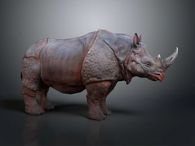 Realistic Large Rhino Model With Thick Textured Skin And Single Horn Standing On Gray Background 3d model