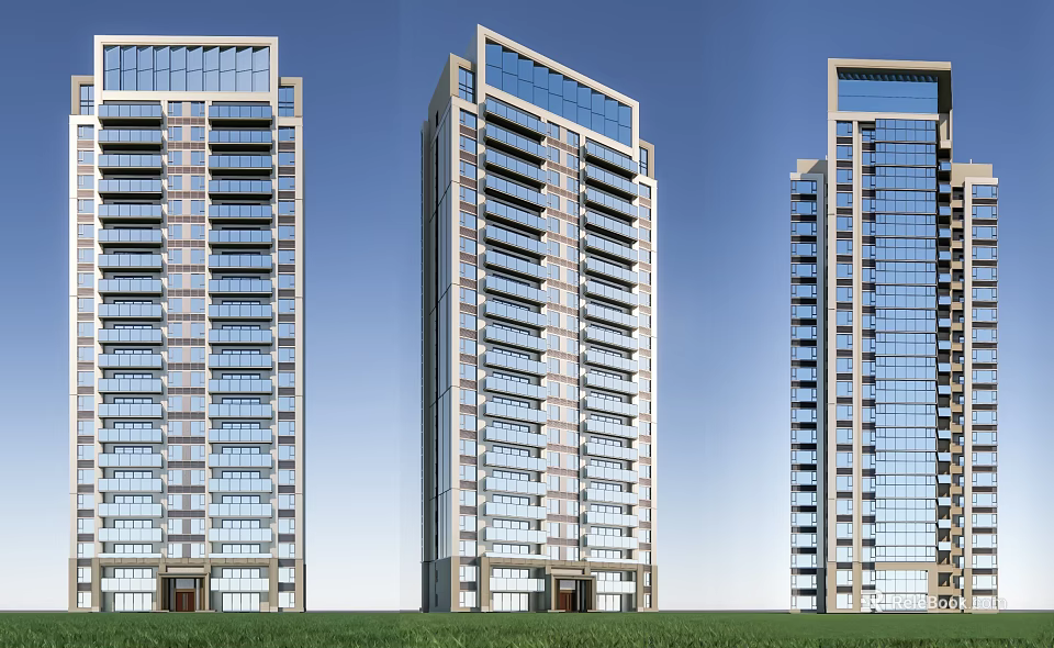 Modern High Rise Apartment Buildings With Glass Curtain Wall And Lawn Exterior Design 3d model 