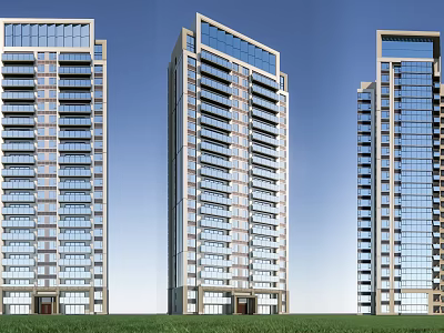 Modern High Rise Apartment Buildings With Glass Curtain Wall And Lawn Exterior Design 3d model