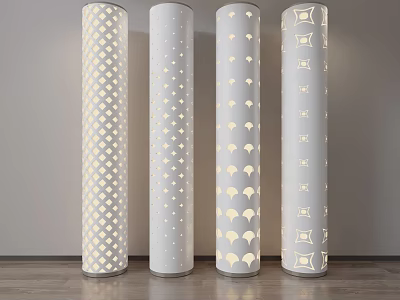 Illuminated Gray Columns With Various Hollow Out Patterns In Indoor Space 3d model