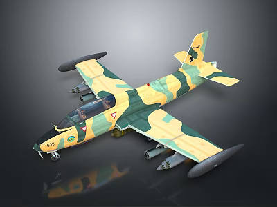 Green Yellow Camouflage Aerospace Military Aircraft With Wing Mounts And Gray Background 3d model