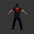 3D Character Model In Black T Shirt With Red Spider Design And Masked Face