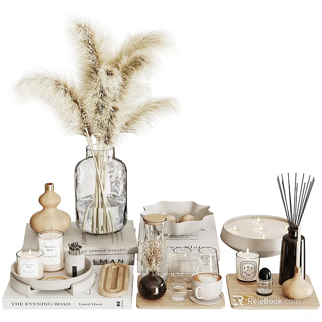 Minimalist Decorative Ornament Collection With Pampas Grass Vase Candles Diffuser And Ceramic Pieces 3d model 