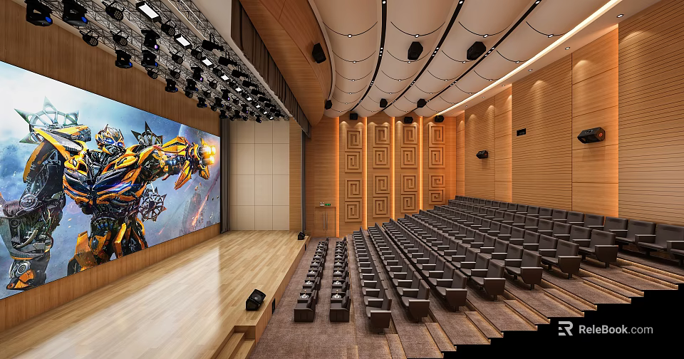 Spacious Conference Room With Large Screen Wooden Walls And Arranged Seats 3d model 