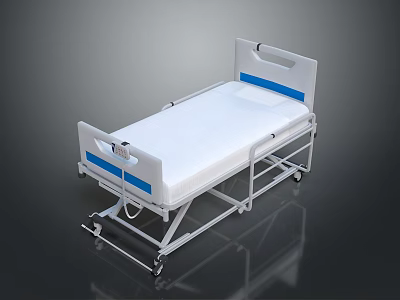 Medical Bed With White Frame Blue Stripes And Movable Wheels For Hospital Use 3d model
