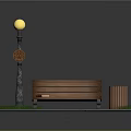 Urban Street Scene With Decorative Street Lamp Wooden Bench Trash Can And Grass