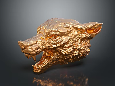 Golden Wolf Head Sculpture Featuring Detailed Texture Open Mouth And Shiny Finish 3d model