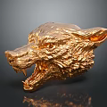 Golden Wolf Head Sculpture Featuring Detailed Texture Open Mouth And Shiny Finish