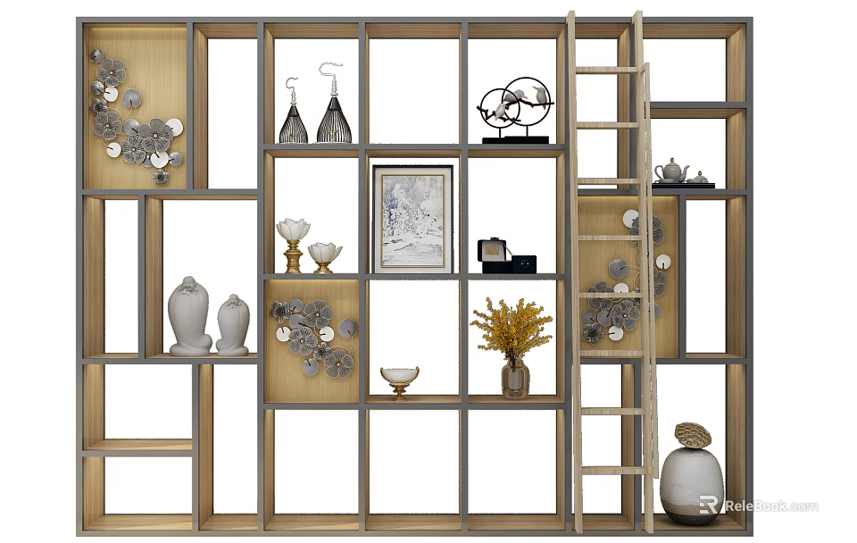 Stylish Wooden Display Cabinet With Open Shelves Framed Art Vases And Decorative Sculptures 3d model 