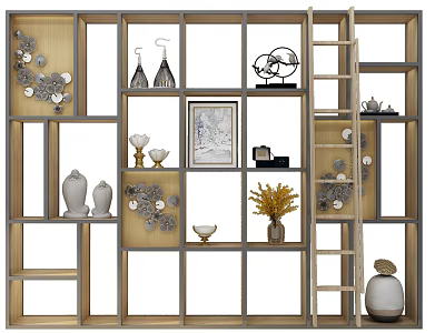 Stylish Wooden Display Cabinet With Open Shelves Framed Art Vases And Decorative Sculptures 3d model