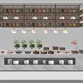 Modern Display Shelves Featuring Marble Countertop Green Plants Pastries And Table Lamp