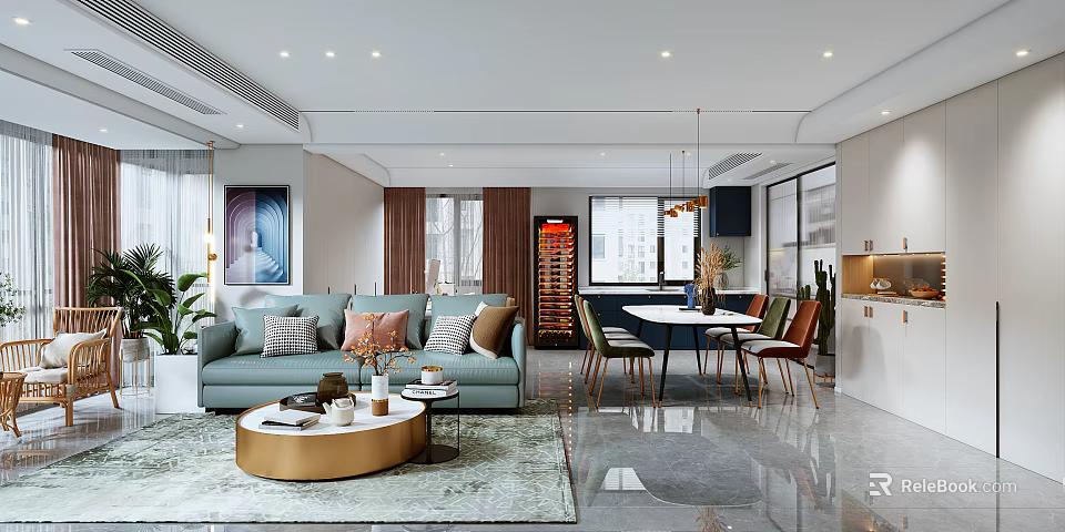 Modern Living And Dining Room Interior With Light Blue Sofa Round Table And Decorative Elements 3d model