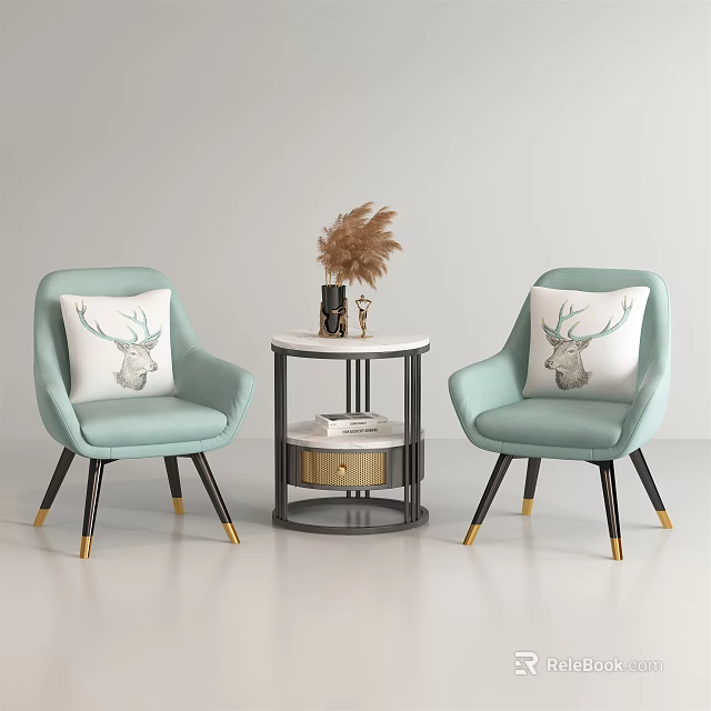 Light Blue Leisure Sofa Set with Deer Head Pillows Small Coffee Table and Decorations 3d model