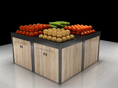Wooden Display Shelf With Fresh Fruits Vegetables And Storage Cabinets For Supermarket 3d model