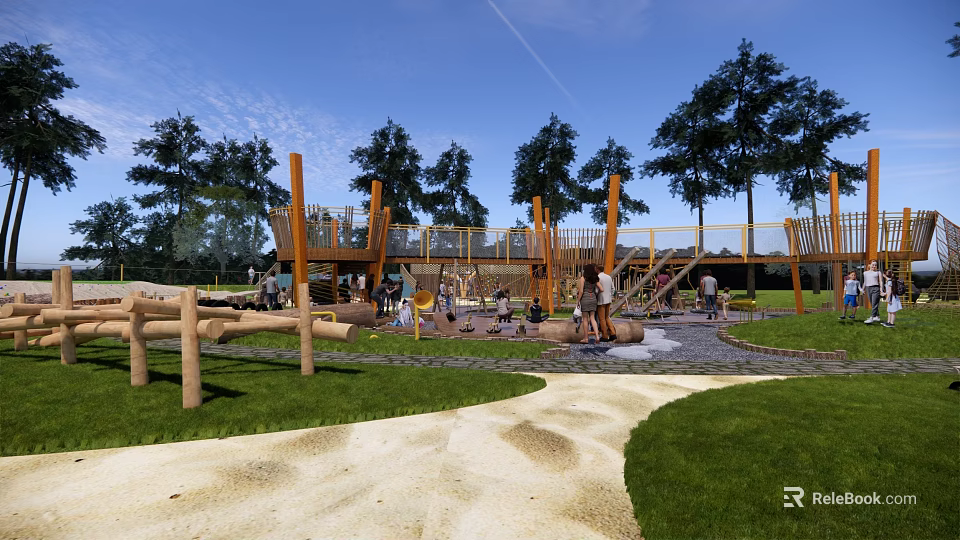 Children's Outdoor Natural Play Area With Wooden Log Structures Trees And Kids Playing 3d model 