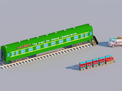 Chinese Train Restaurant With Green Carriage On Railway Track And Small Train 3d model