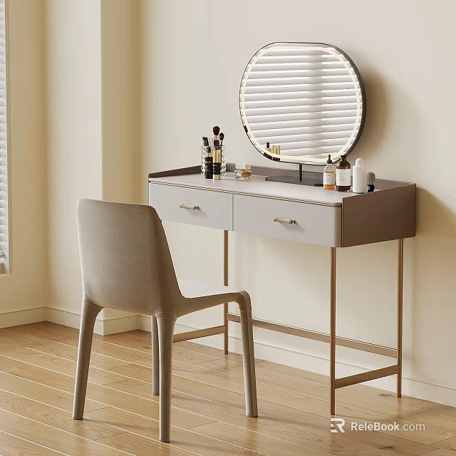 Modern Light Gray Dressing Table With Round Mirror Makeup Accessories And Accent Chair 3d model