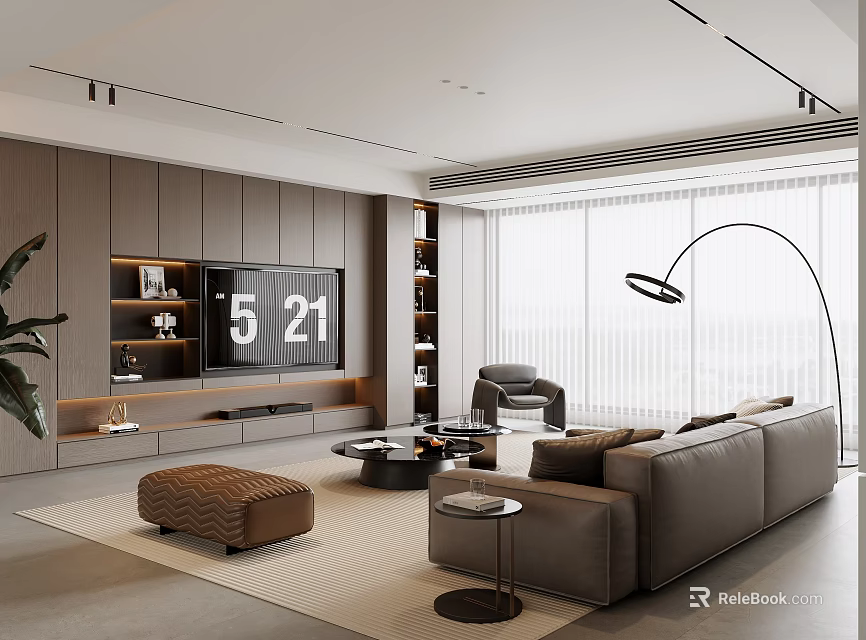 Modern Living Room Interior Design With Wooden Paneled Walls Sofa Floor Lamp And Rug 3d model 