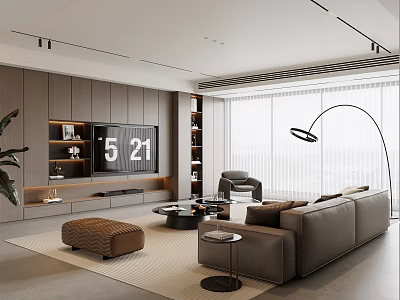 Modern Living Room Interior Design With Wooden Paneled Walls Sofa Floor Lamp And Rug 3d model