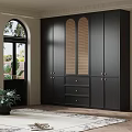 Black Wardrobe Cabinet With Arched Doors Drawers In Modern Interior With Plant And Rug