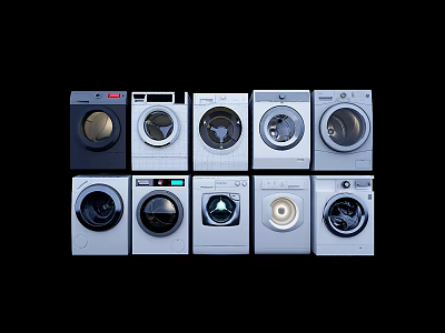 Multiple Black and White Washing Machines with Various Styles Arranged in 3d model