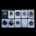 Multiple Black and White Washing Machines with Various Styles Arranged in
