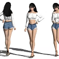 Woman Wearing White Cropped Long Sleeve Top And Blue Denim Shorts With Black High Heels