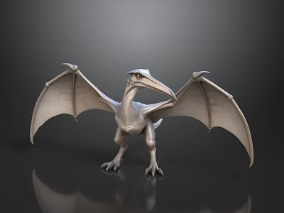 Pterosaur 3D Model With Outstretched Wings And Detailed Texture Standing On Reflective Surface 3d model