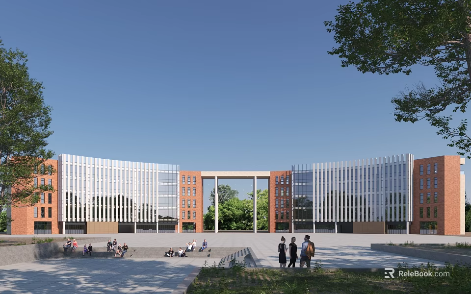 Modern Office Building With Red Brick And Glass Curtain Wall Plaza Trees And Blue Sky 3d model 