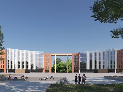 Modern Office Building With Red Brick And Glass Curtain Wall Plaza Trees And Blue Sky 3d model