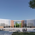 Modern Office Building With Red Brick And Glass Curtain Wall Plaza Trees And Blue Sky