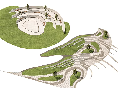 Modern Park Landscape Design With Curved Paths Green Lawns And Trees 3d model