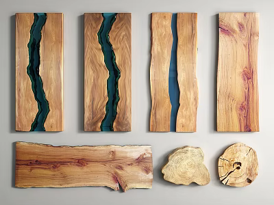 Natural Wood Slabs with Stone Resin Inlay and Unique Decorative Shapes 3d model