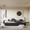 Modern Bedroom Interior With Platform Bed Circular Wall Art And Window Blinds 3d model