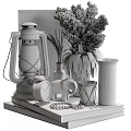 Decorative Ornament Set With Black Lantern Alarm Clock Elephant Figurine And Dried Pampas Grass