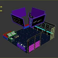 Modern Exhibition Space With Purple Structures Black Screens Green Area And White Seats
