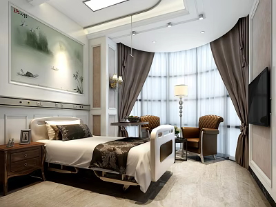 Modern Hospital Room Interior With Bed Armchairs Chinese Landscape Painting And Brown Curtains 3d model