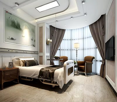 Modern Hospital Room Interior With Bed Armchairs Chinese Landscape Painting And Brown Curtains 3d model